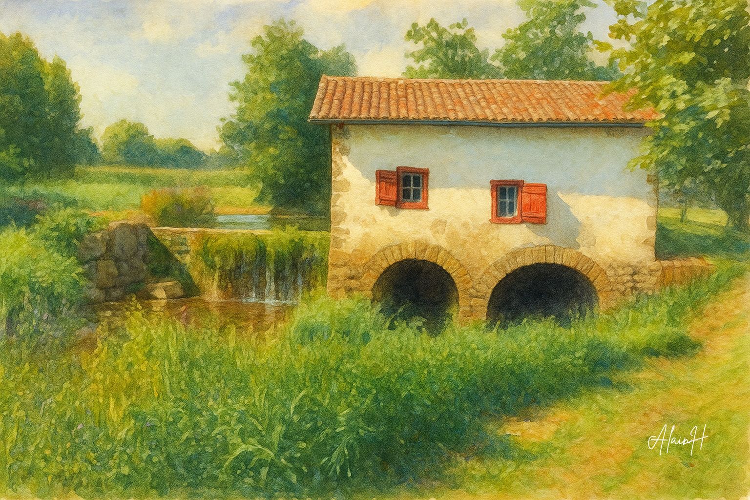 AMENDEUIX-ONEIX moulin aquarelle